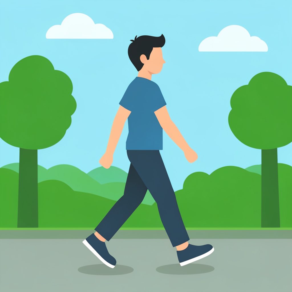 A flat vector illustration of a person walking outdoors at sunrise, wellness and fitness theme