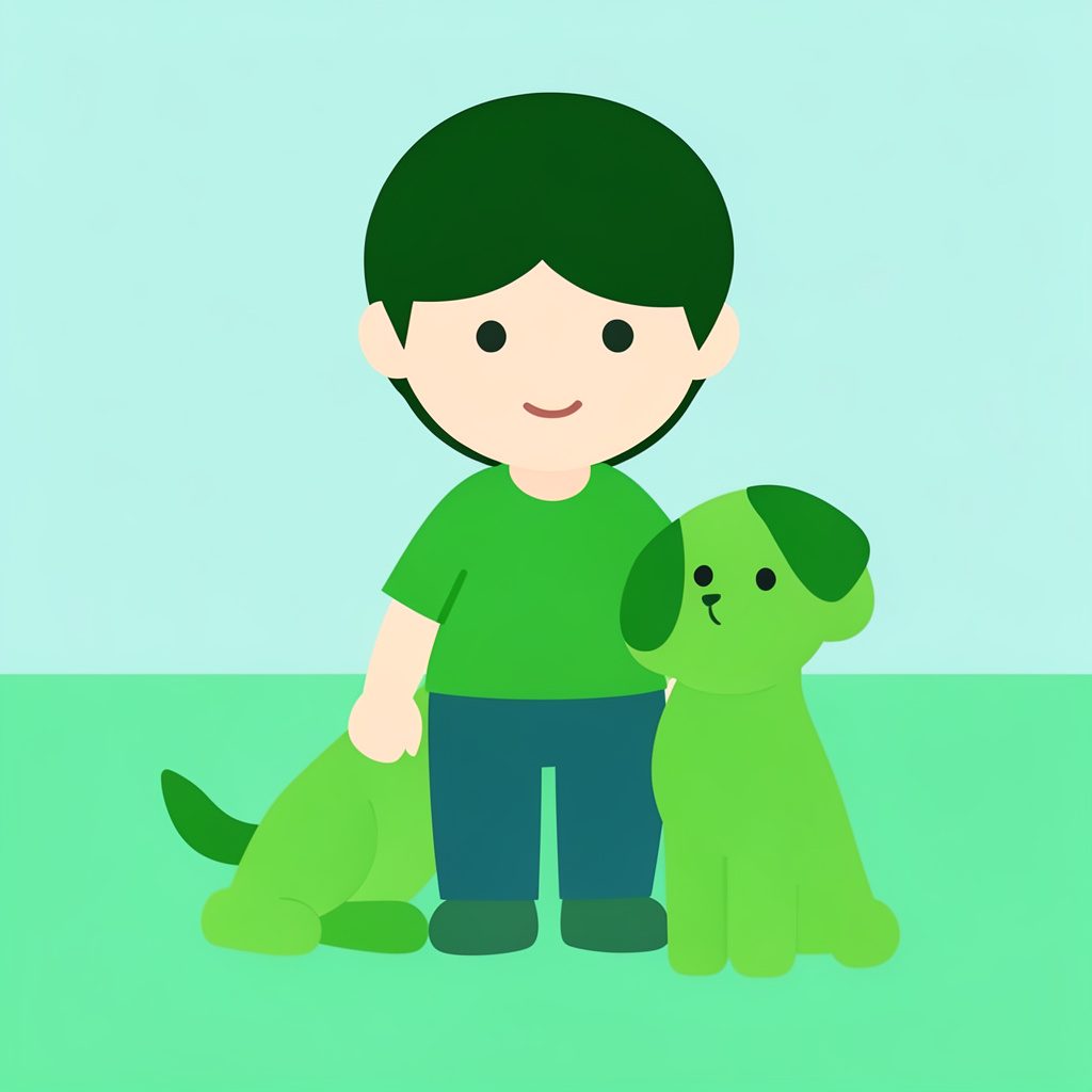 A flat vector illustration of a child playing happily with a friendly dog in a sunny park
